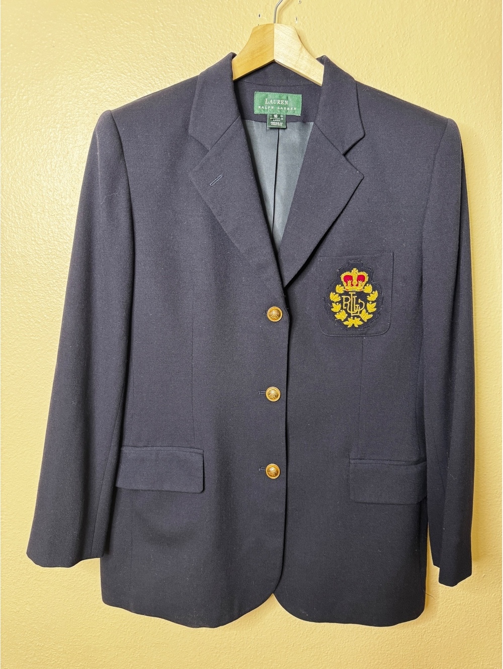 Lauren Ralph Lauren Womens 16 Navy Wool Blazer Embroidered Crest Gold Buttons